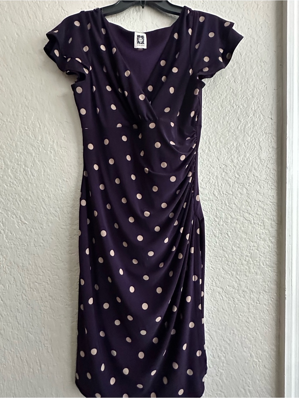 Anne Klein Purple Polka Dot Ruched Midi Dress